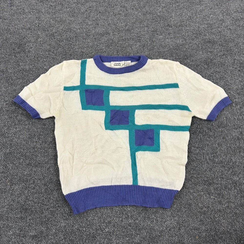 Country Suburbans Sweater Womens Size M White Geometric Vintage Short Sleeve 80s
